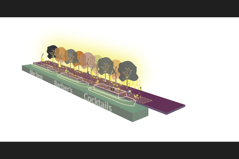 Illustration of boats moored on a London canal, each housing a business.