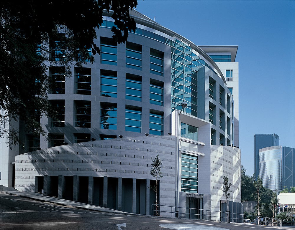 A handsome stone and glass building